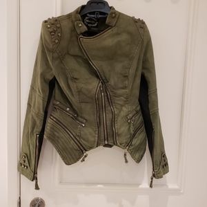 Biker green jean jacket with zips and metal studs